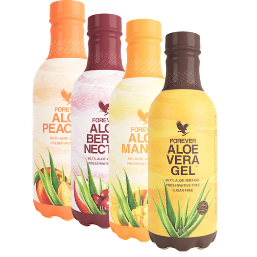 Czteropak Forever Aloe Mix™. Czteropak mix różnych smaków soku z miąższem z liści aloesu wzbogacony witaminą C. 4x1 litr