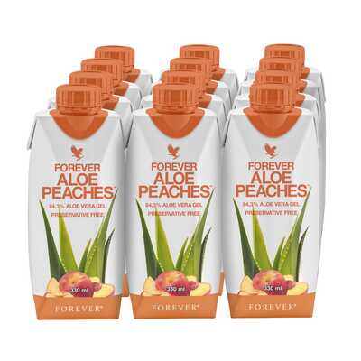 Forever Aloe Peaches mini™. Zestaw (12 x 330 ml) nektaru z miąższem z liści aloesu o smaku brzoskwiniowym wzbogacony witaminą C (77812)